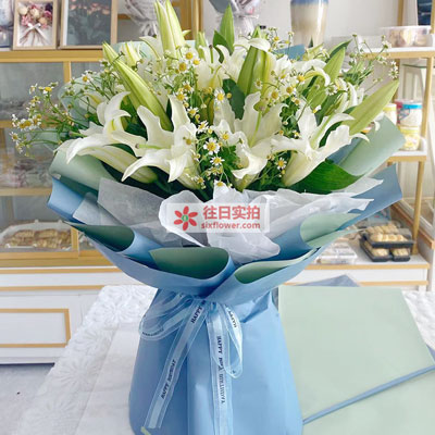 咸宁8支白色多头百合洋甘菊，互倾的思念