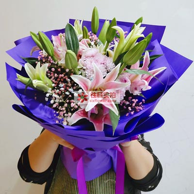 咸宁6支粉色多头百合,真诚的问候